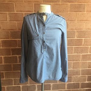 Ann Taylor Blue Gray Blouse with Buckles and Snaps